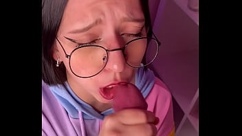 Petite Asian girl with glasses gives sloppy blowjob after class